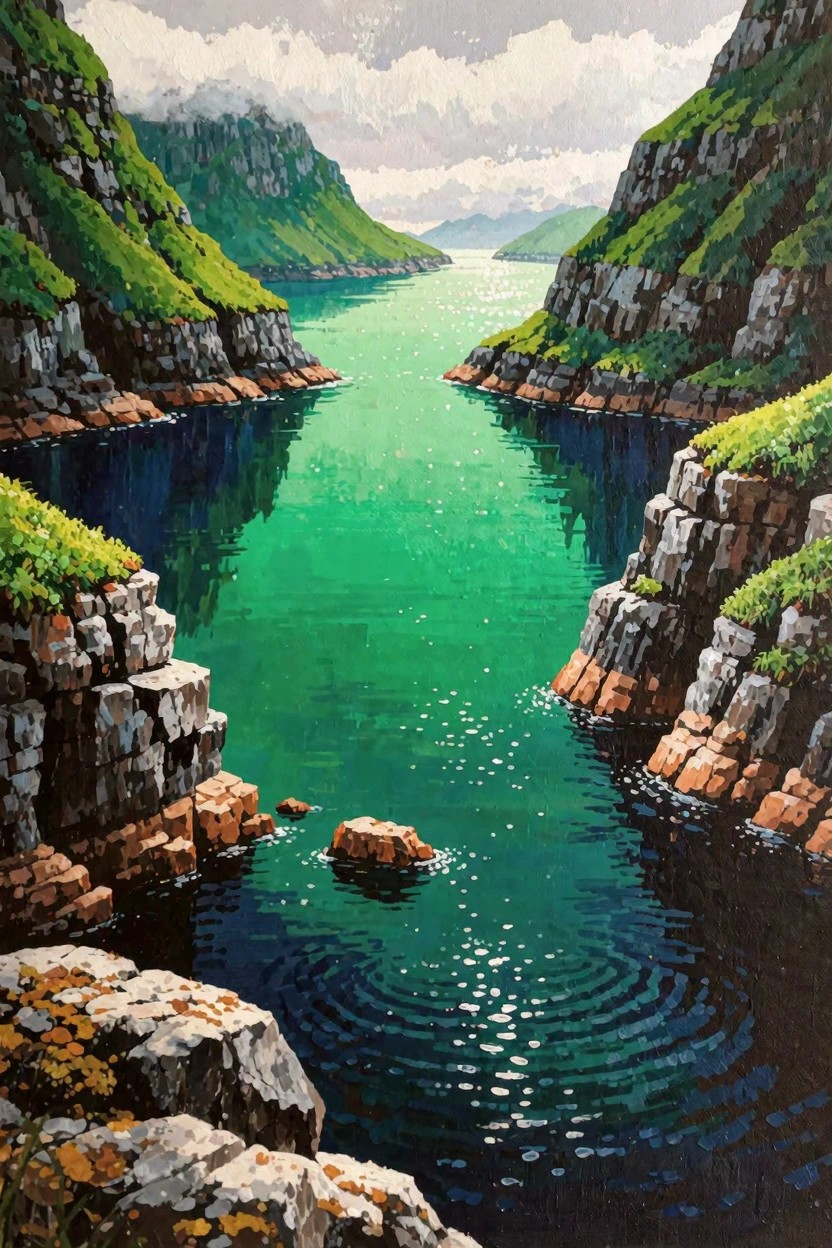 Acrylic painting of steep green cliffs framing a turquoise fjord inlet with reflective water and foreground rocks.
