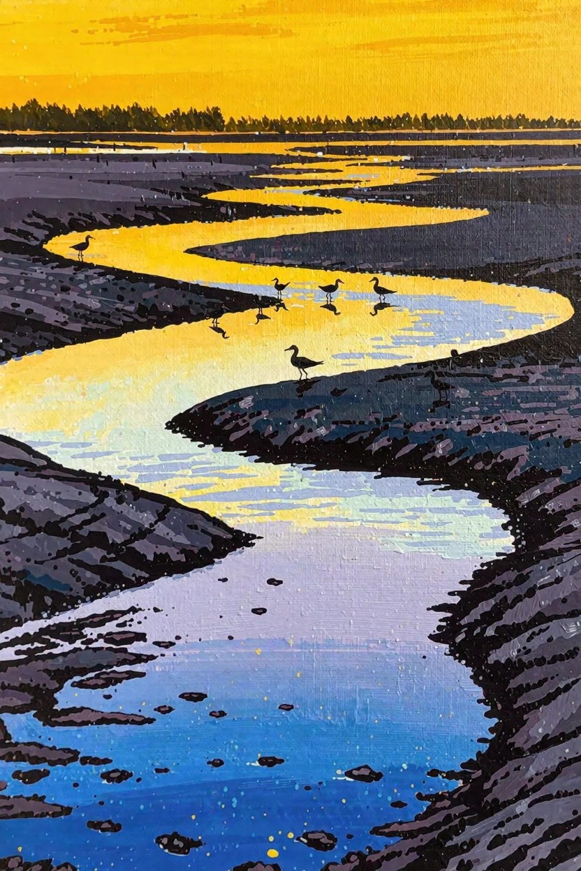 Vibrant painting of a yellow winding river through dark mudflats with black shorebirds under an orange sunset sky.