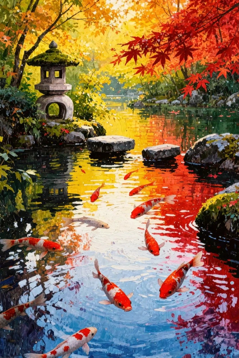 Acrylic painting of an autumn Japanese garden featuring a stone lantern, mossy rocks, stepping stones over a colorful koi pond, and red and yellow foliage with water reflections.