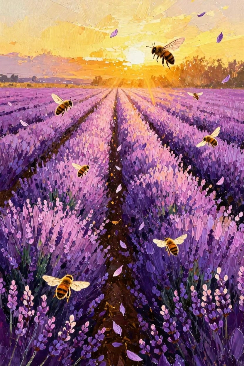 Acrylic painting of purple lavender fields in rows leading to a sunset horizon, with multiple bees flying amid the blooms and a central dirt path.