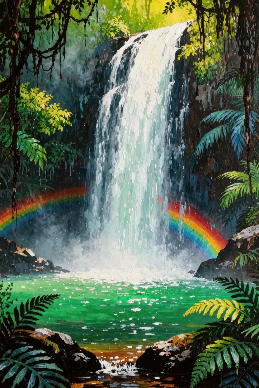 Vibrant acrylic-style painting of a jungle waterfall with rainbow in the mist, dense green foliage, and turquoise pool below.
