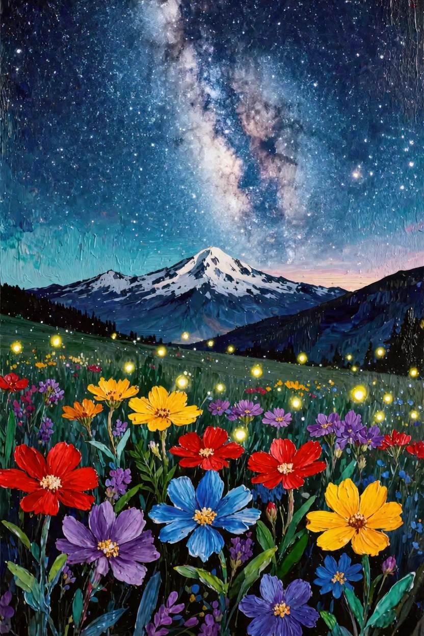 Vibrant acrylic-style painting of a snow-capped mountain under the Milky Way, with colorful wildflowers and glowing lights in a foreground meadow.