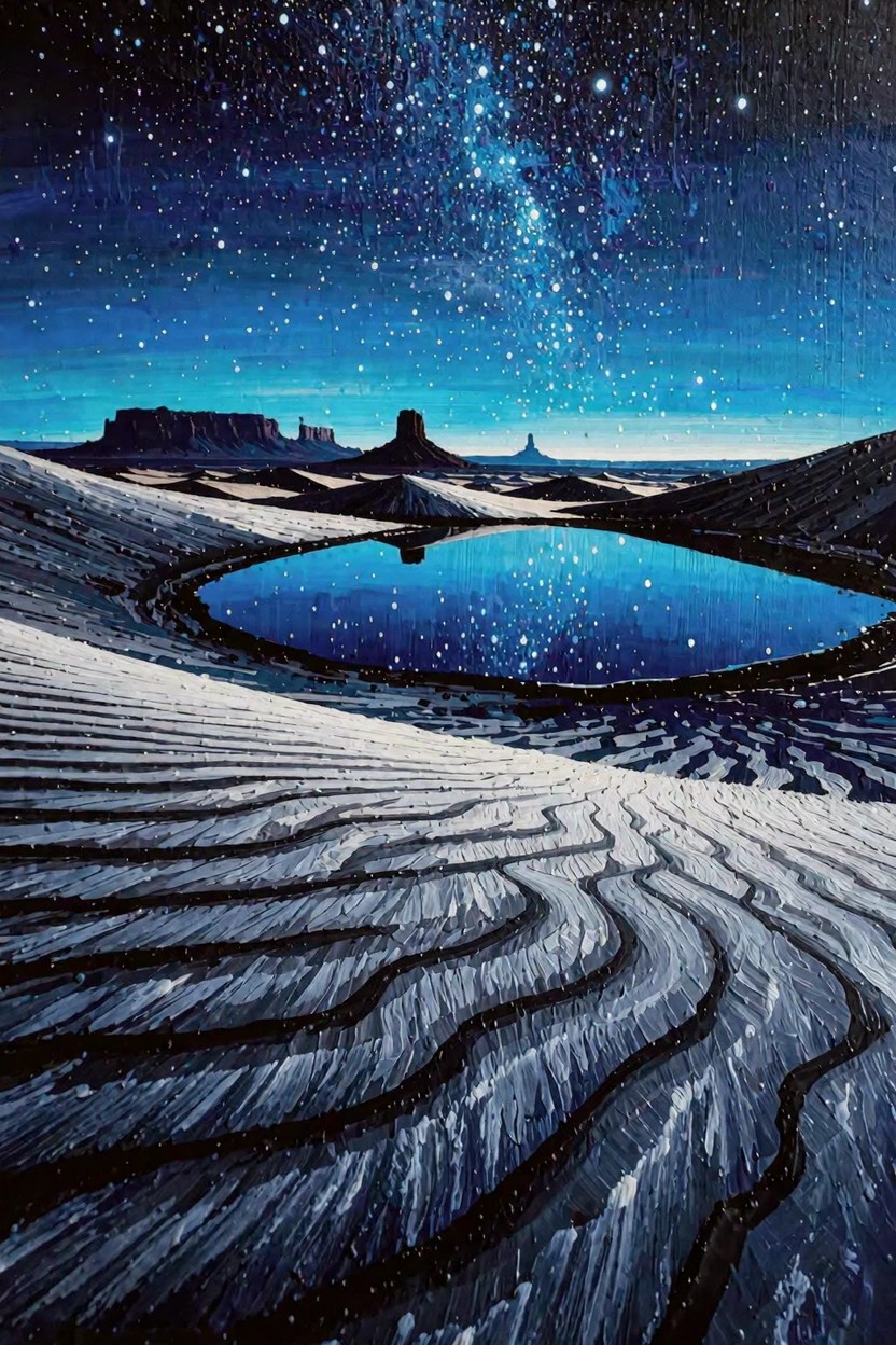Acrylic painting of starry night sky and Milky Way reflecting in a blue desert lake surrounded by wavy white sand dunes and rock buttes.