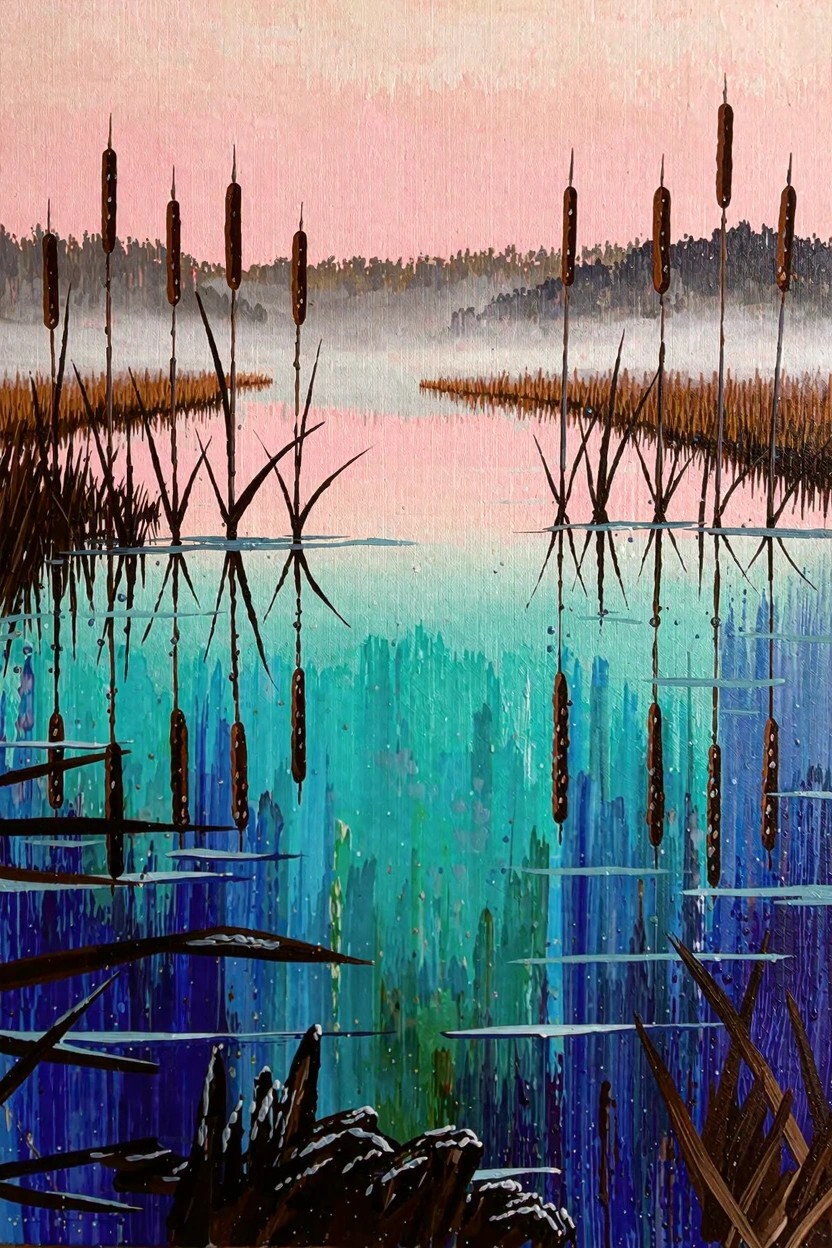 Acrylic painting of brown cattails in a misty marsh reflected in teal water under a pink sky.