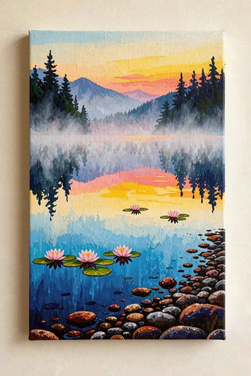 Acrylic painting on canvas depicting a misty lake at sunset reflecting pine trees, mountains, and water lilies with foreground rocks.
