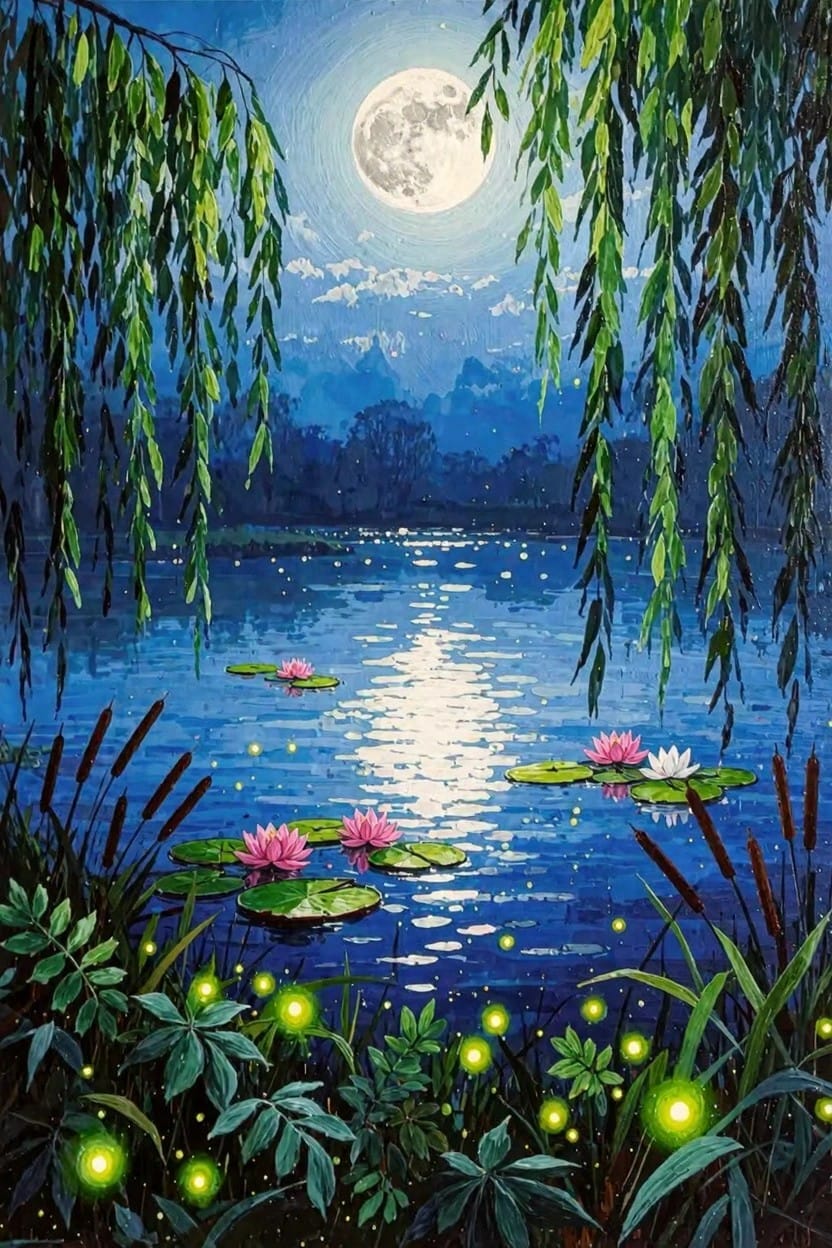 Nighttime landscape painting featuring a full moon over a lake with pink water lilies, drooping weeping willow branches, reeds, and glowing fireflies.