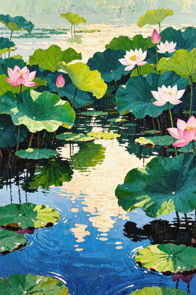 A vibrant acrylic-style painting of green lily pads, pink and white lotus flowers, and their reflections in a blue pond.