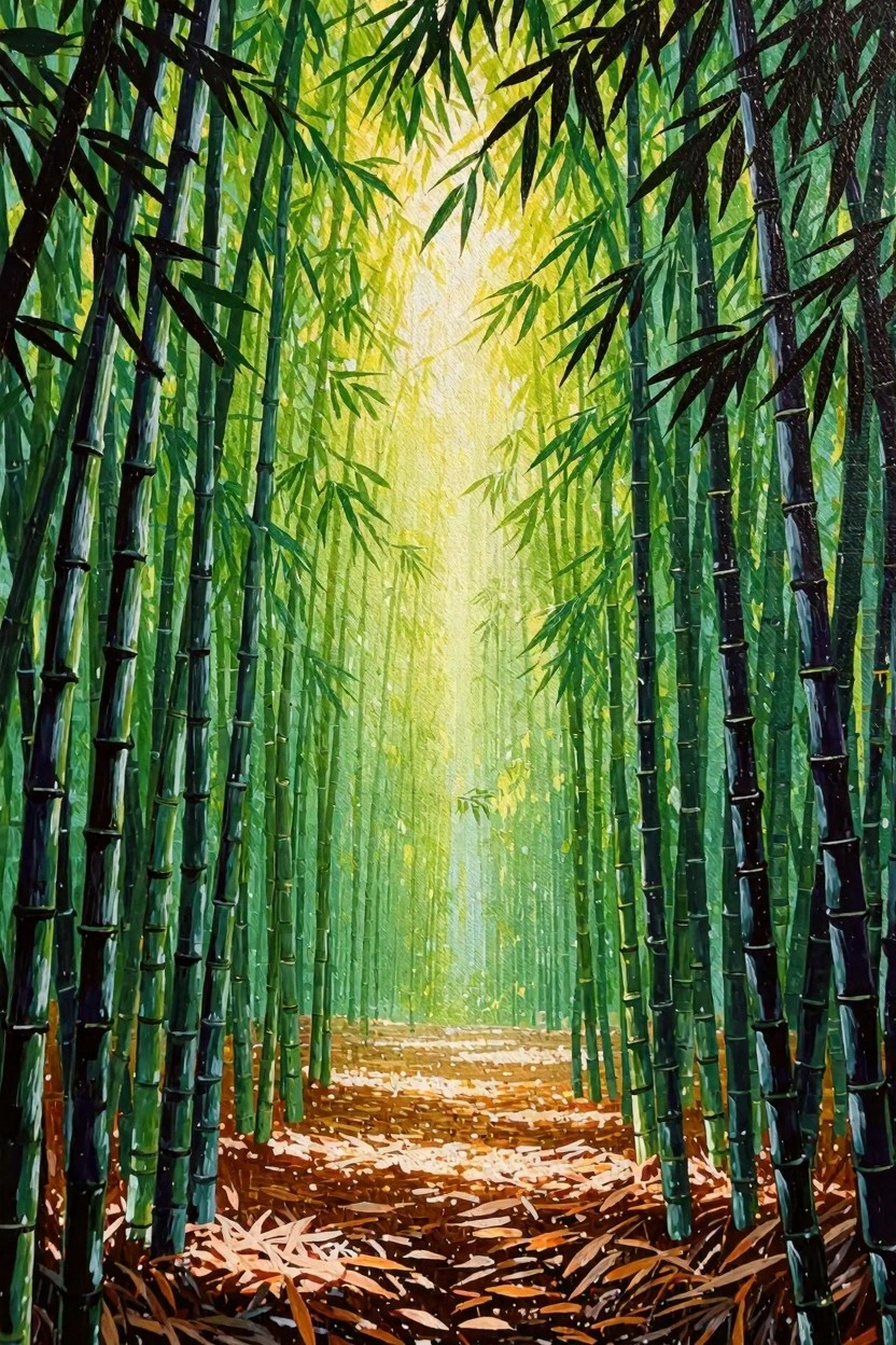 A vertical acrylic painting of a sunlit dirt path leading through tall green bamboo stalks with fallen leaves on the ground.