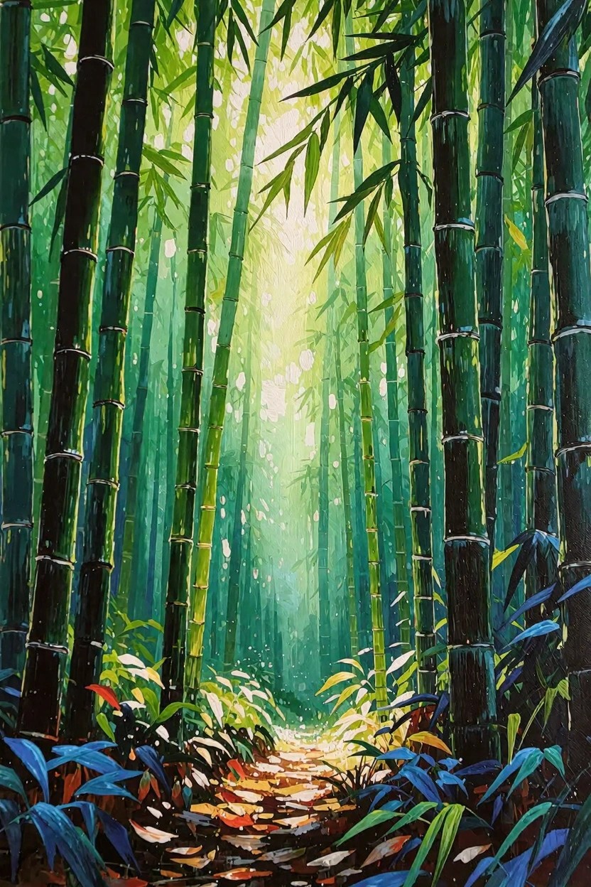Vibrant painting of tall green bamboo lining a sunlit path through a forest with blue shadows and red leaf accents at the base.