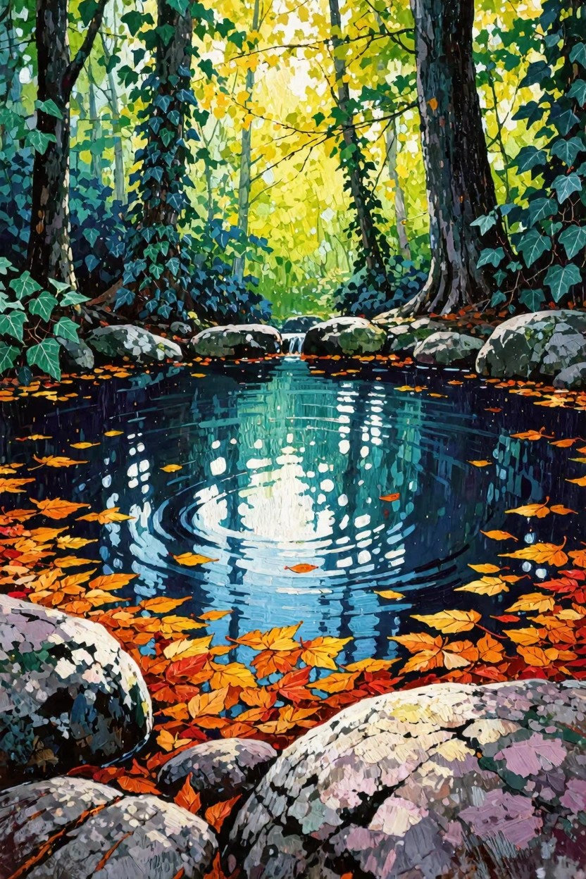 Vibrant painting of ivy-covered trees surrounding a sunlit forest pond with orange autumn leaves floating on reflective blue water and rocks.