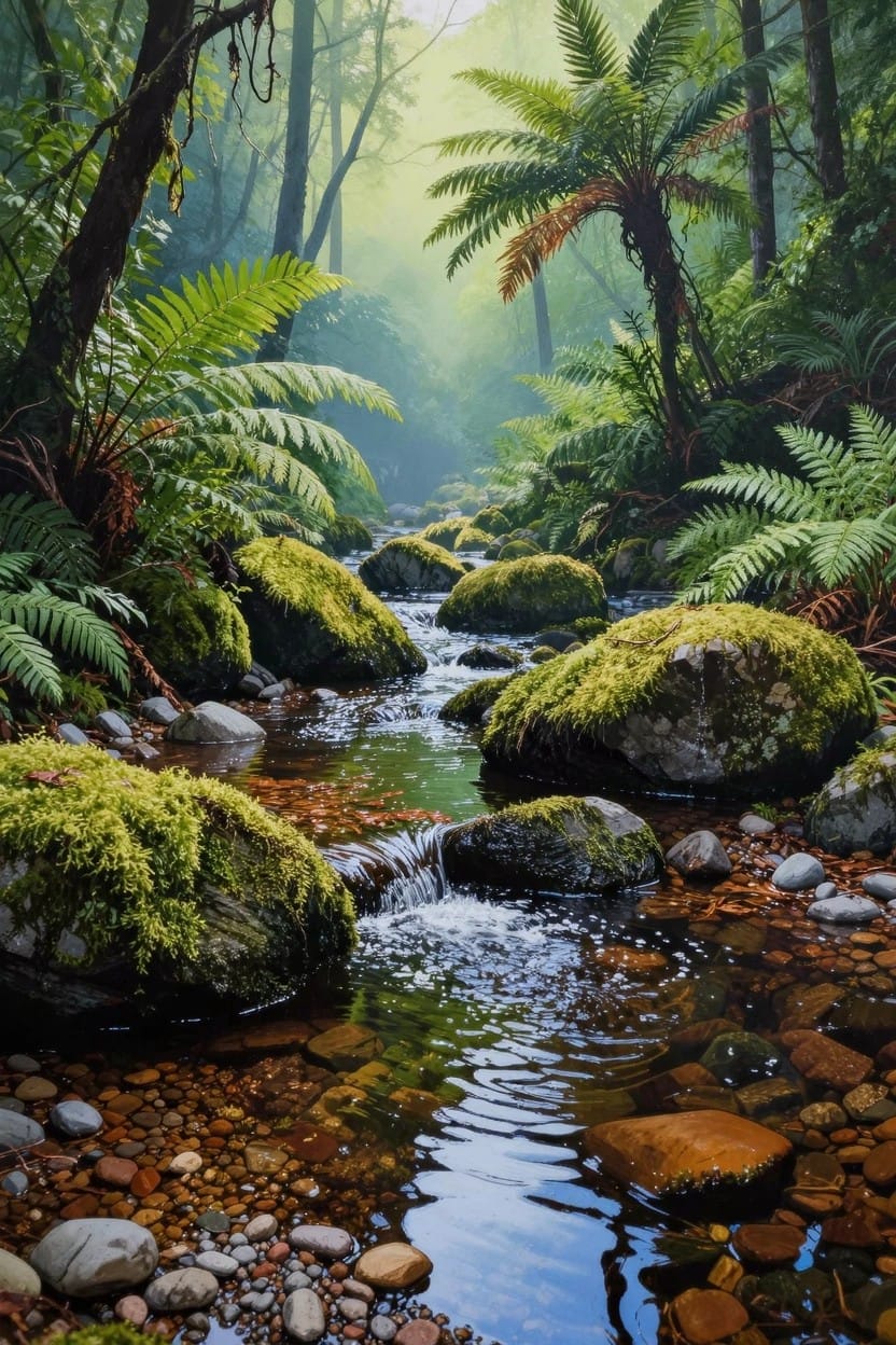 A detailed acrylic-style painting of a clear stream flowing over mossy rocks through a lush green rainforest with ferns, trees, and filtered sunlight.