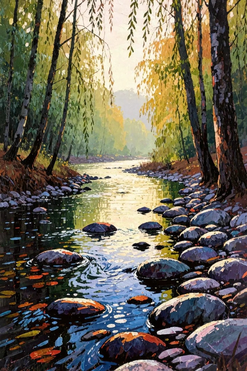 Vibrant painting of a sunlit river winding through birch trees with fall foliage and rocks along the banks.
