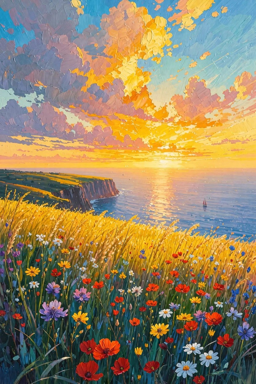 Acrylic-style painting of golden wheat fields and colorful wildflowers on coastal cliffs overlooking the sunset ocean with a sailboat.