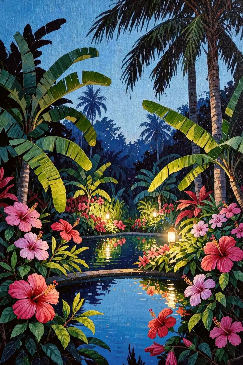 Vertical artwork of a glowing nighttime tropical pool ringed by palm trees, banana leaves, pink hibiscus flowers, and dense greenery under a blue sky.