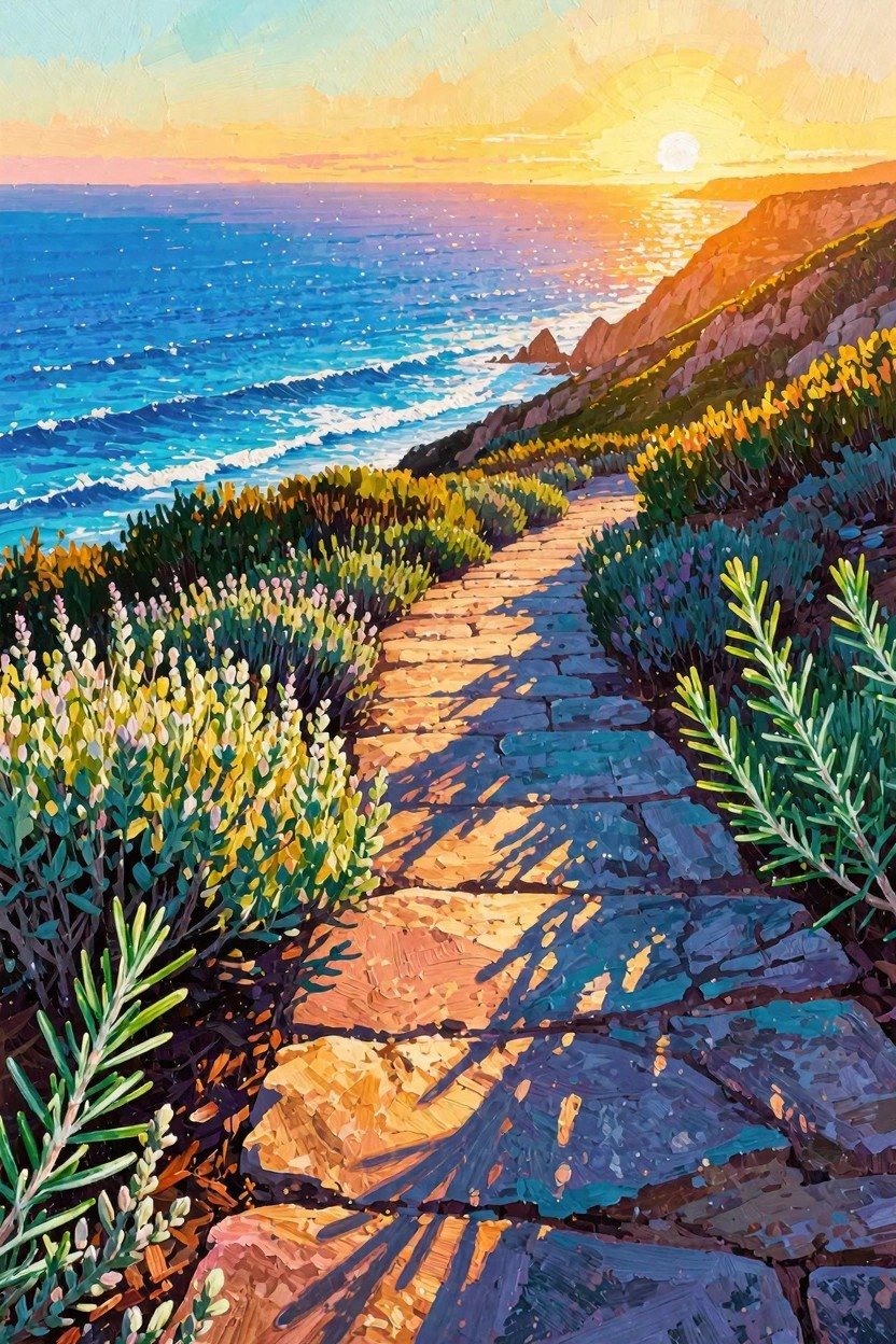 Vibrant painting of a stone path through green bushes leading to ocean cliffs at sunset with warm orange sky and blue waves.
