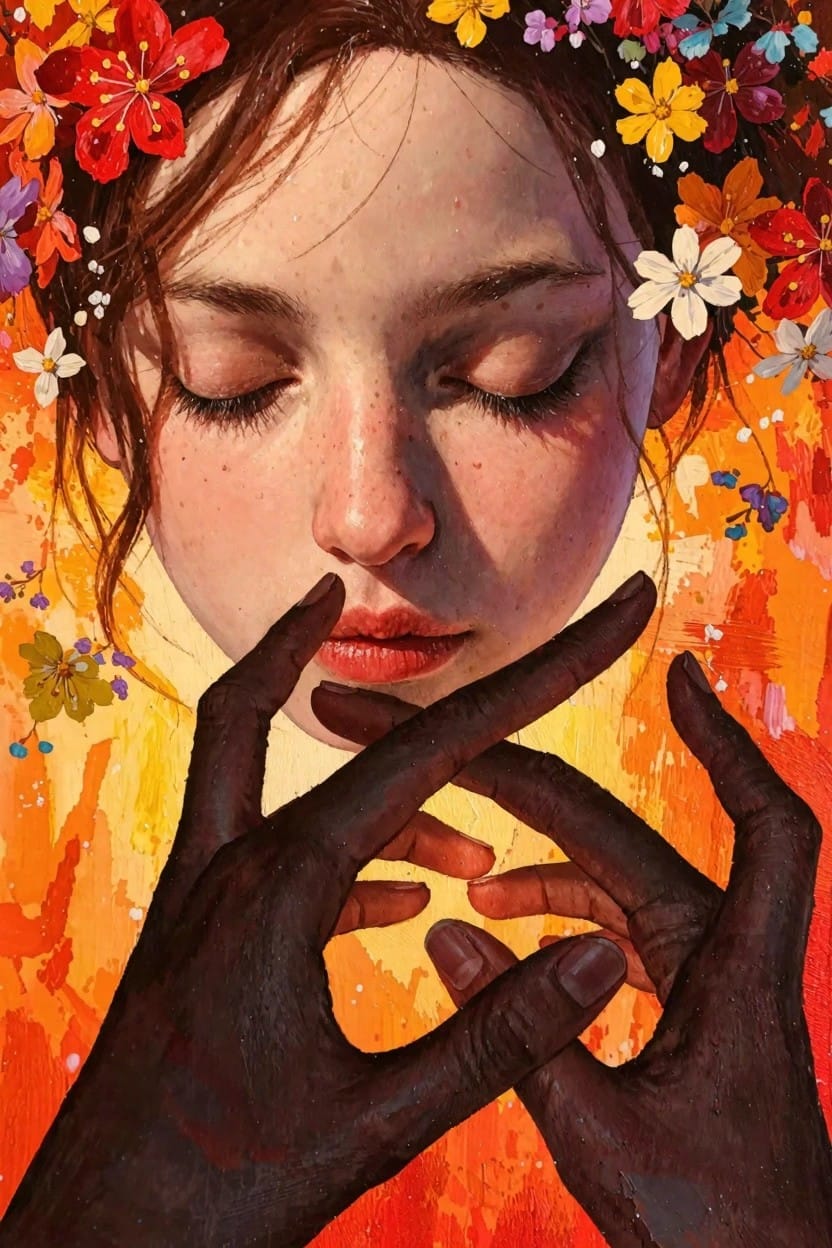 Close-up realistic portrait of a red-haired woman with colorful flower crown, closed eyes, fingers to lips, framed by dark interlaced hands on glowing orange background.