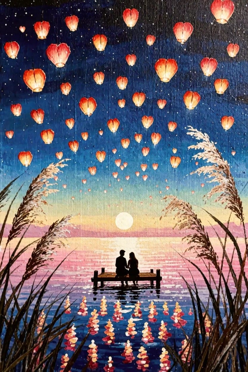 Silhouetted couple sits on a dock surrounded by reeds at twilight with heart-shaped red lanterns floating in the deep blue sky and reflecting on pinkish water under a large moon.