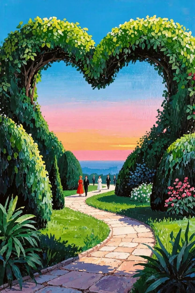 Heart-shaped green foliage arch frames a winding stone garden path at sunset with distant formal figures walking toward the horizon.