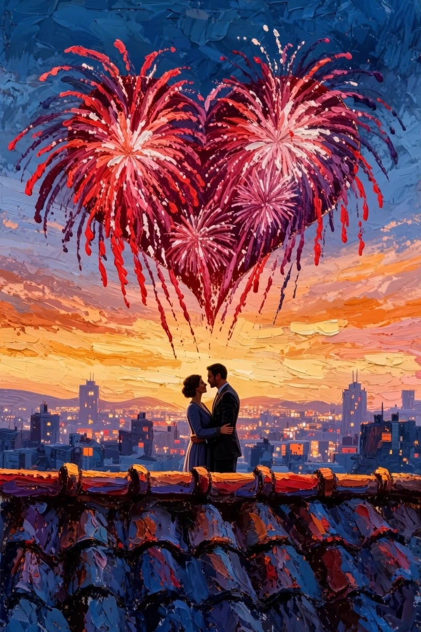 A silhouetted couple kisses on a rooftop at sunset with red heart-shaped fireworks overhead and a city skyline below in an acrylic painting style.