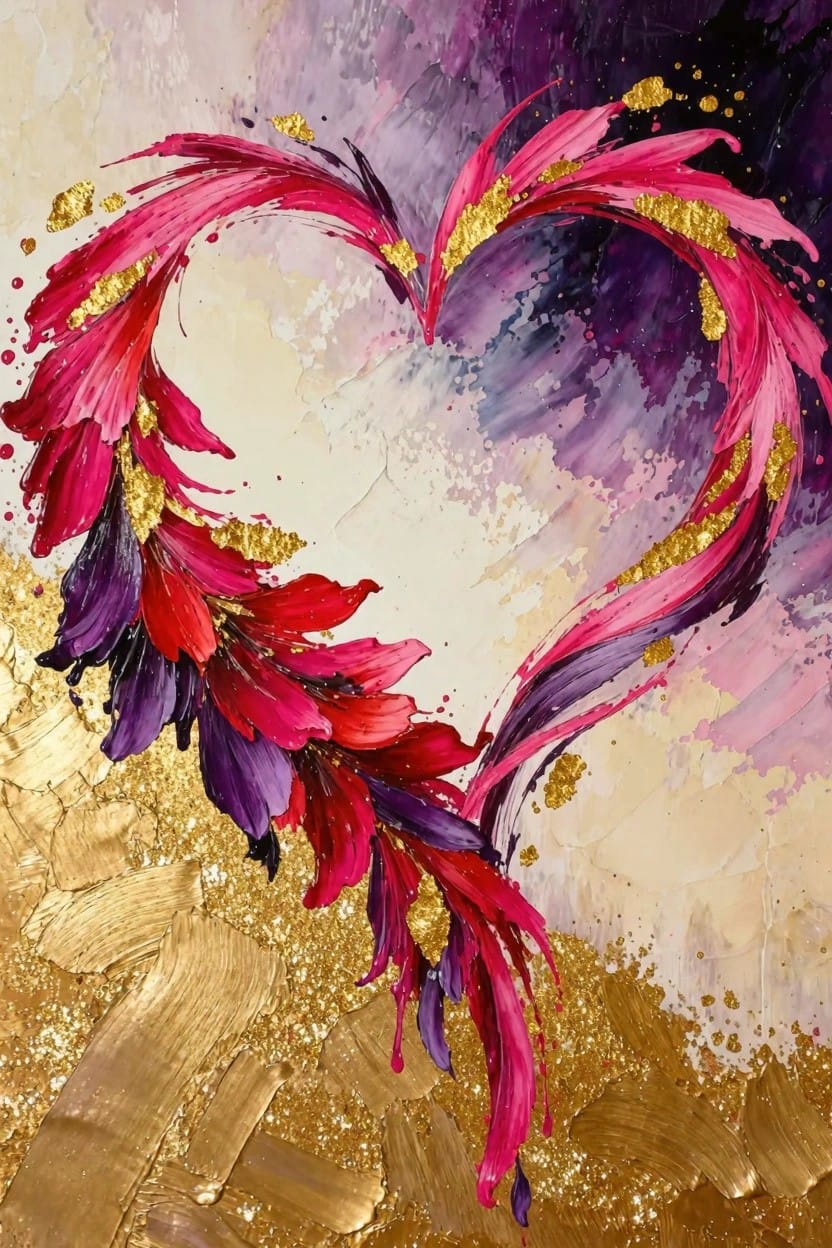 Abstract heart formed by flowing pink, purple, and gold feather-like strokes on a textured gold background.