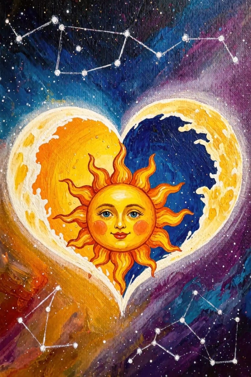 A stylized heart formed by a yellow smiling sun on one side and a blue crescent moon on the other, centered in a starry purple galaxy background.