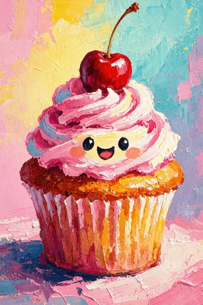 Vibrant acrylic painting of a golden cupcake topped with pink swirled frosting forming a happy face and a red cherry.