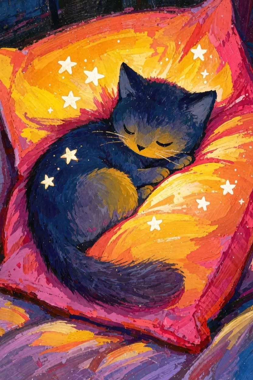 A black cat sleeps curled up on a bright orange-yellow pillow covered in white stars against a dark purple background.