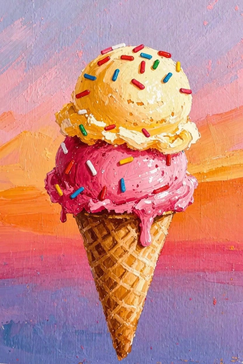 A vibrant painting of a double scoop yellow and pink ice cream cone with multicolored sprinkles on a waffle cone against a purple to orange sunset gradient background.