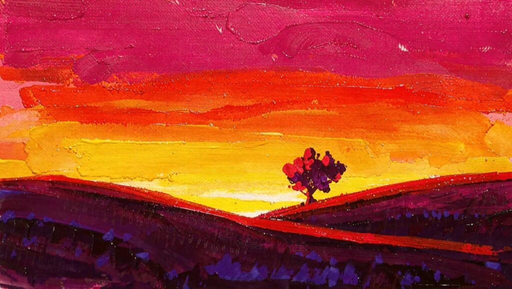 Acrylic painting of purple and blue rolling hills under an orange-yellow sunset sky, featuring a black silhouetted tree on one hill.