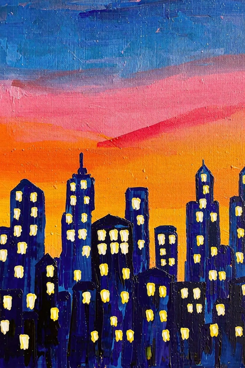 Acrylic painting of dark silhouetted skyscrapers with yellow window lights against a blue-to-orange gradient sunset sky.