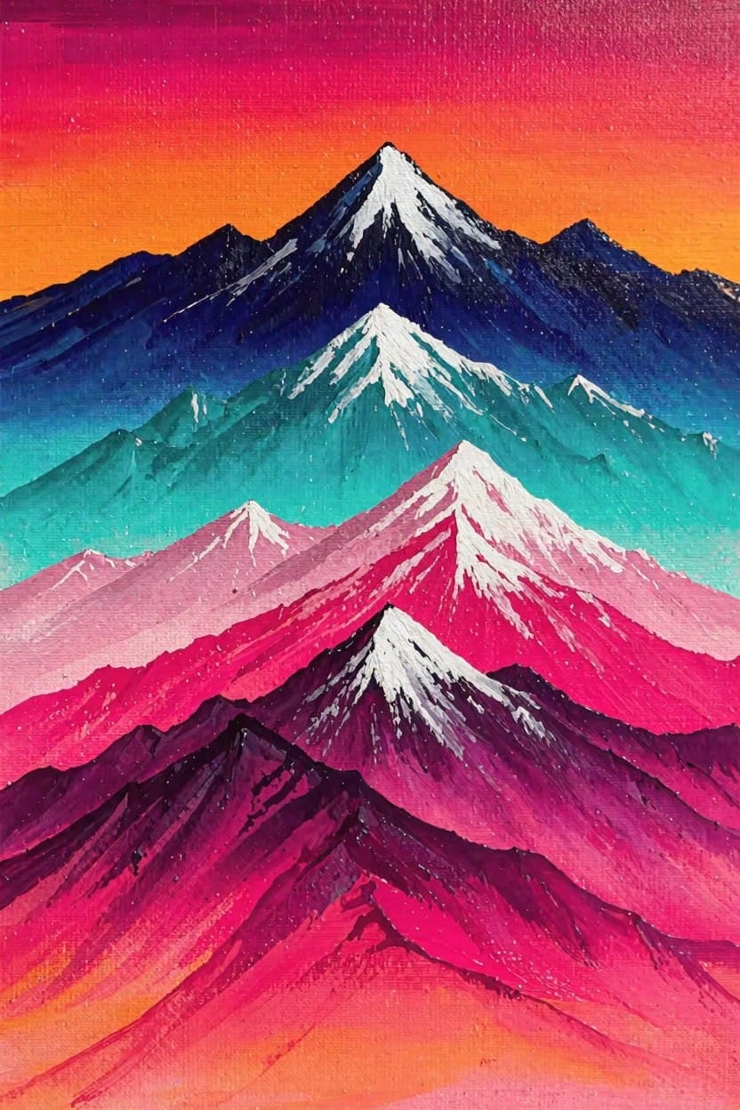 Vibrant acrylic painting of overlapping snow-capped mountains in layered colors from pink-purple to orange-red.