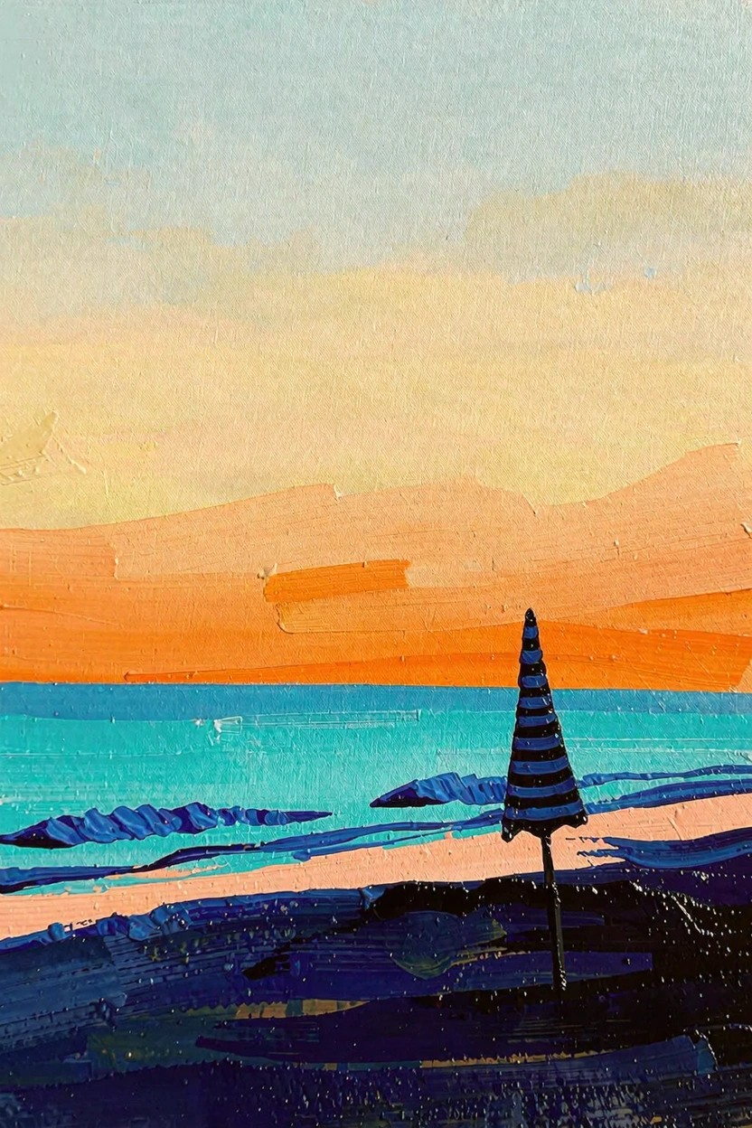 Painterly acrylic-style image of a black-and-white striped beach umbrella on dark sand with turquoise waves, a blue-to-orange sunset sky, and orange horizon.