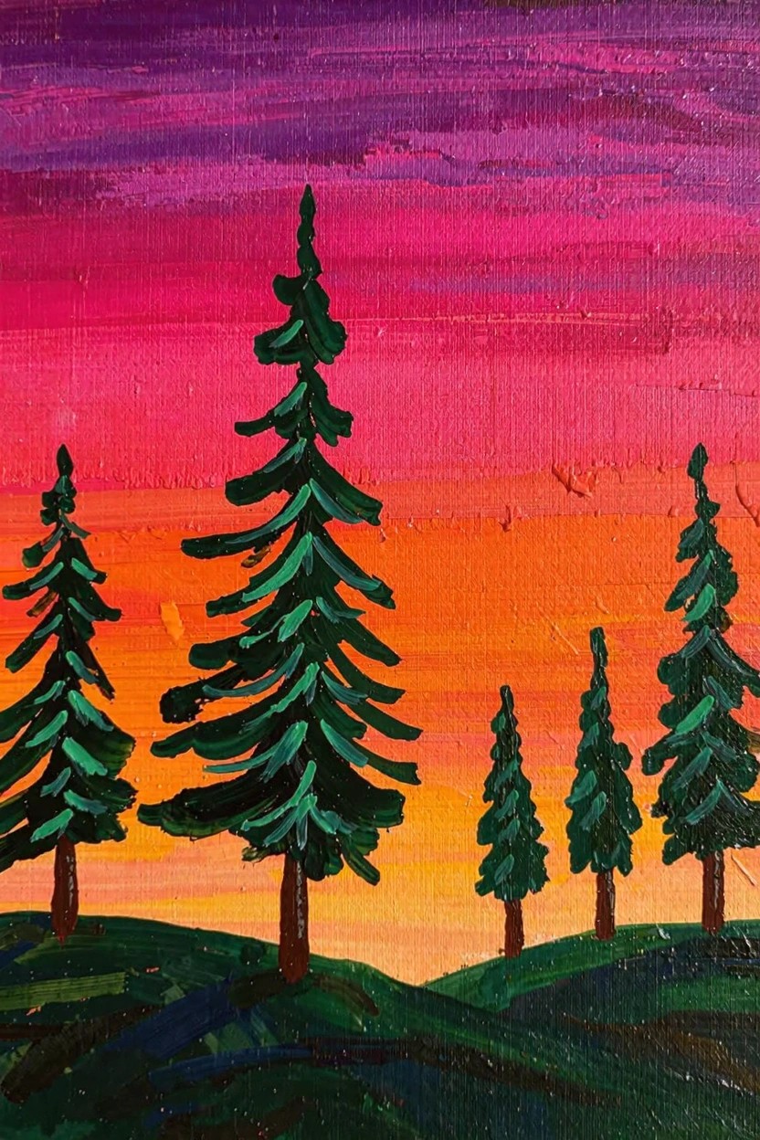 Acrylic painting of dark green pine trees silhouetted on green hills against a sky gradient from purple to orange sunset.