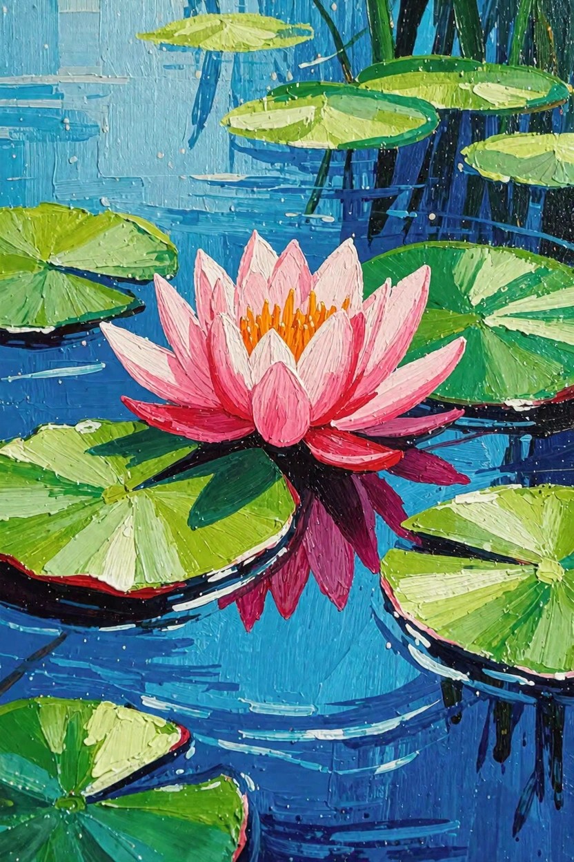 Pink lotus flower centered among green lily pads on textured blue water with reflections.