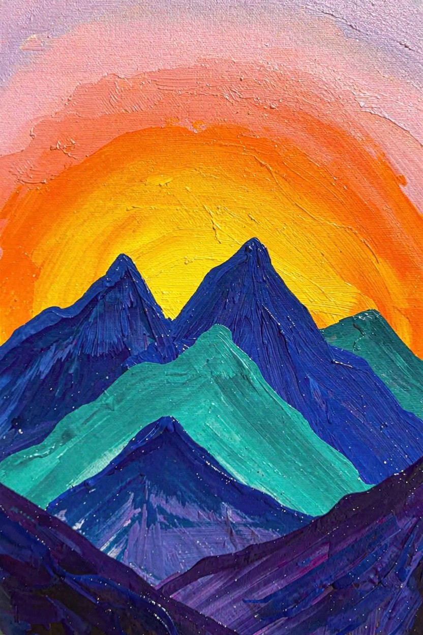 Acrylic painting of an orange sun centered above jagged blue-green-purple mountains under a pink-orange sky with textured brushstrokes.