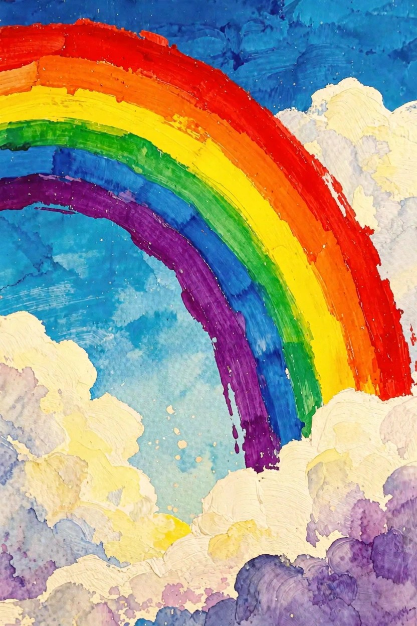 Watercolor-style painting of a rainbow curving across a blue sky with white and purple clouds.