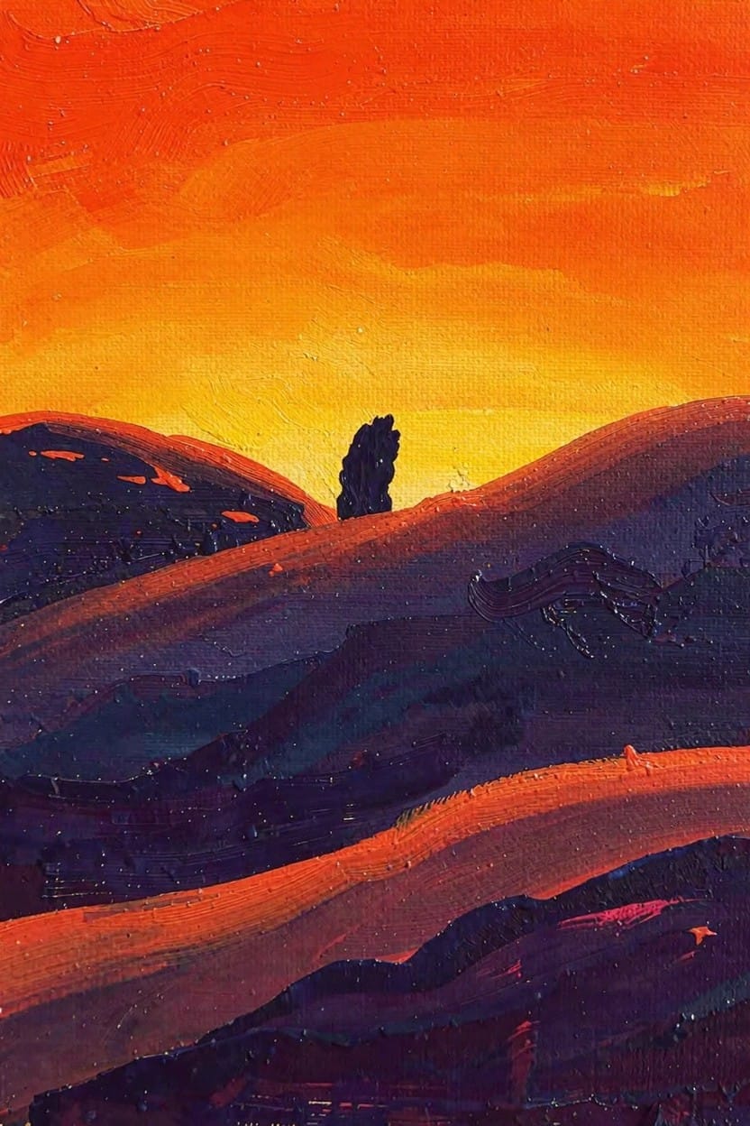Acrylic painting of purple and blue rolling hills under an orange-yellow sunset sky, featuring a black silhouetted tree on one hill.