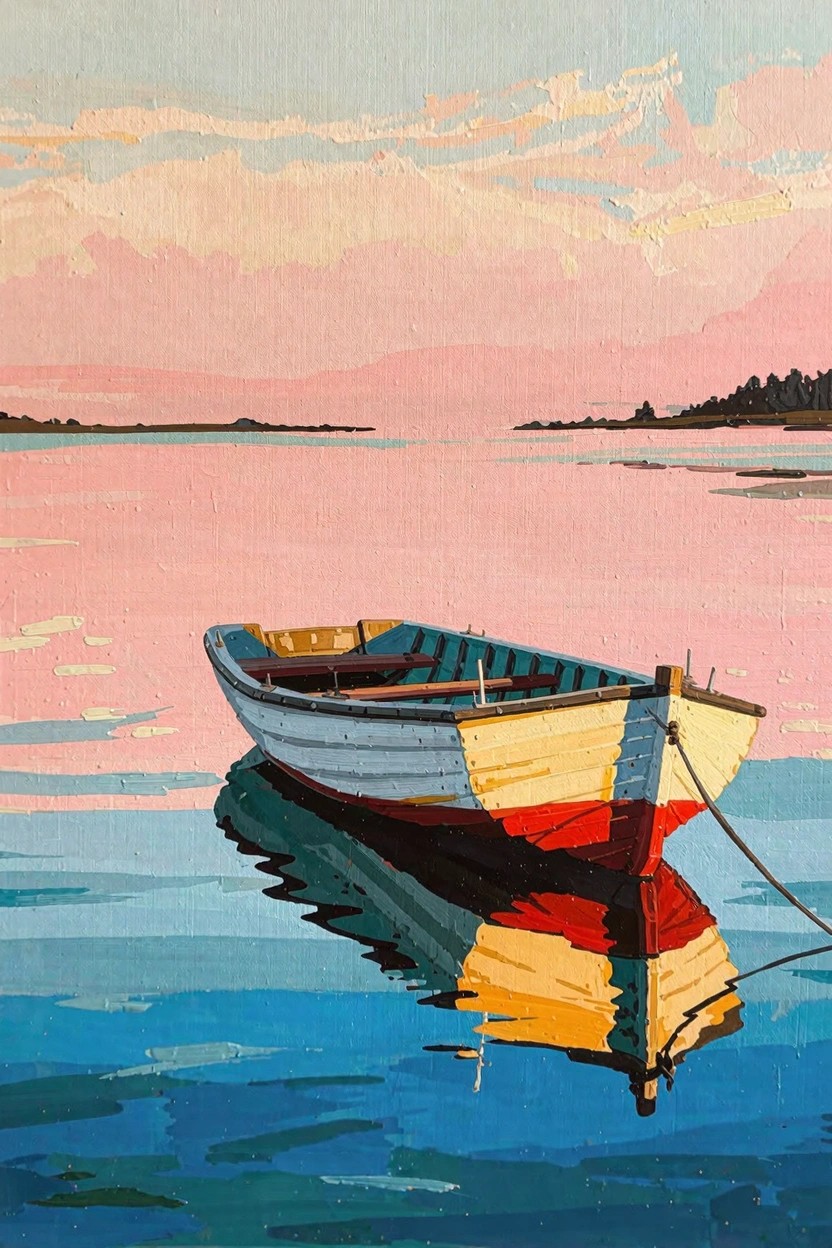 A flat acrylic painting of a rowboat floating on calm water at sunset with pink sky, blue water, and the boat's reflection below.
