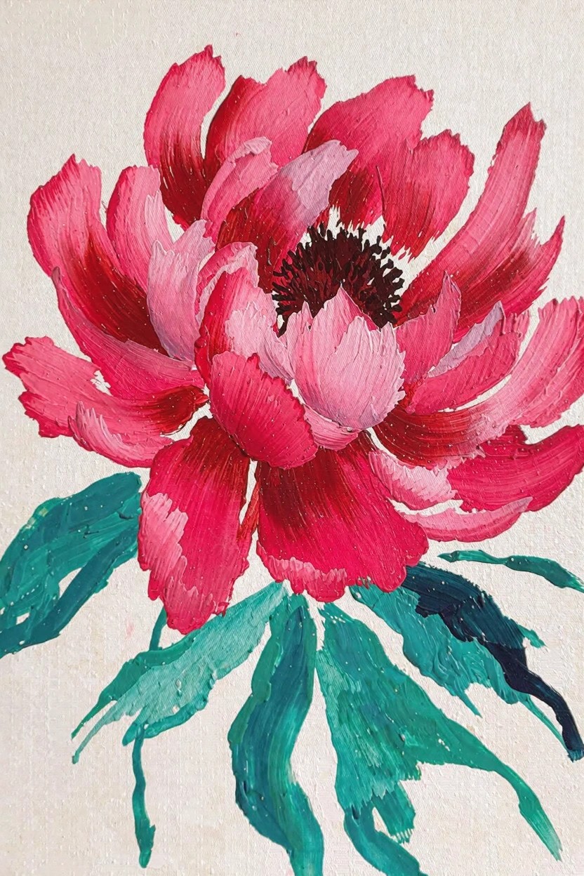 Close-up painting of a pink and red peony flower with textured petals, dark center, and green leaves on a light background.