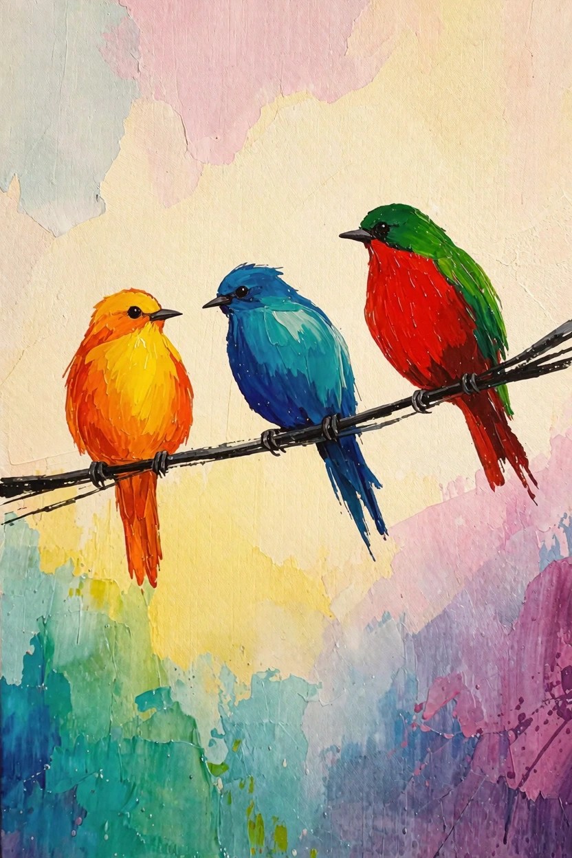 Three colorful birds in orange, blue, and red perch side by side on a thin black wire against a soft, blended pastel background.