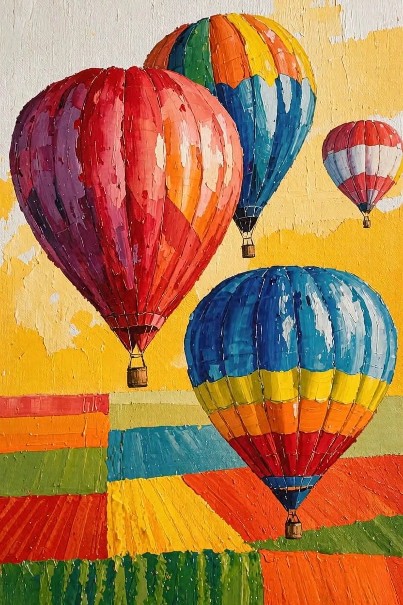 Colorful hot air balloons float above a textured, multicolored patchwork field under a yellow sky.