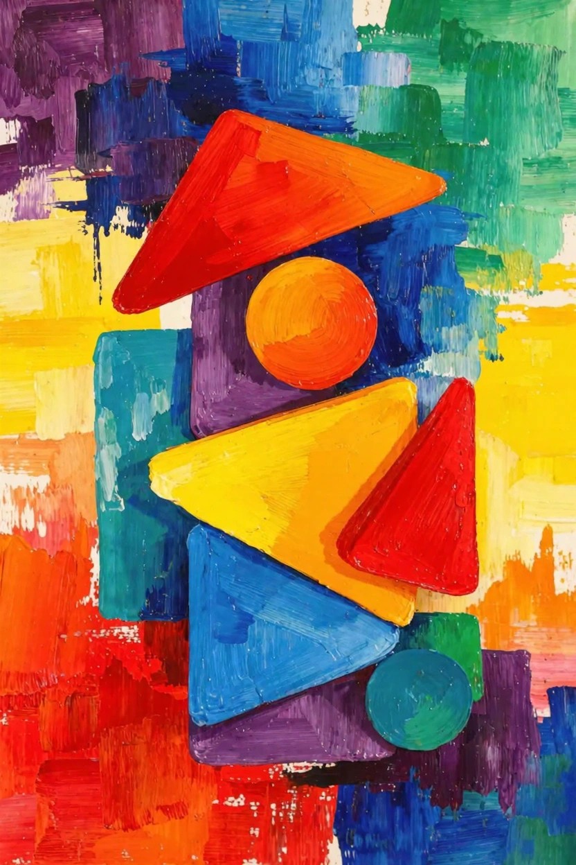 Abstract painting of overlapping red, orange, yellow, blue, green, and purple triangles and circles on a textured multicolored background.