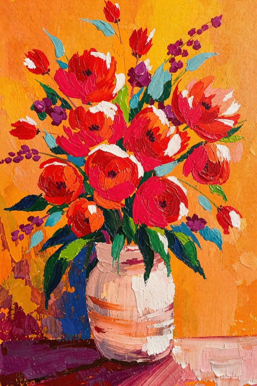 Acrylic painting of red flowers in a white vase with green leaves and purple berries on an orange background using textured brushstrokes.