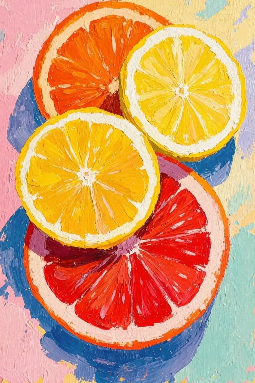 Acrylic painting of overlapping orange, lemon, and grapefruit slices in bright colors on a pinkish background with shadows.
