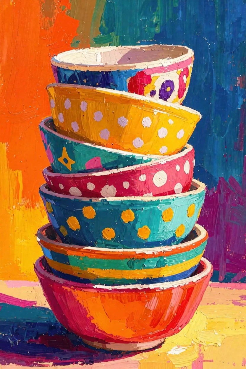A vibrant painting of multicolored polka-dotted bowls stacked vertically on a table against a colorful background.