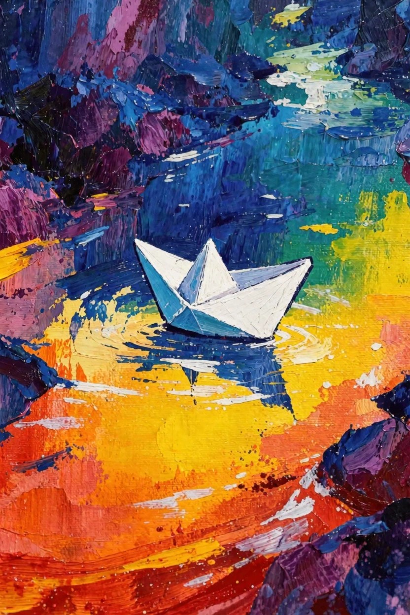 White paper boat floats on a yellow stream amid purple, blue, and orange rocky terrain with thick impasto brushstrokes.