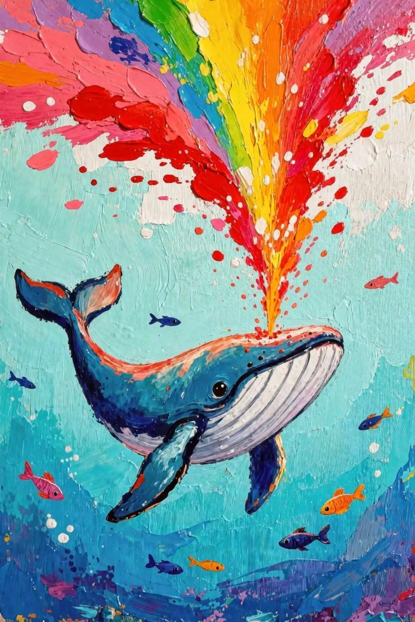 Blue whale underwater spouting a multicolored rainbow burst from its blowhole amid colorful fish and paint splatters.