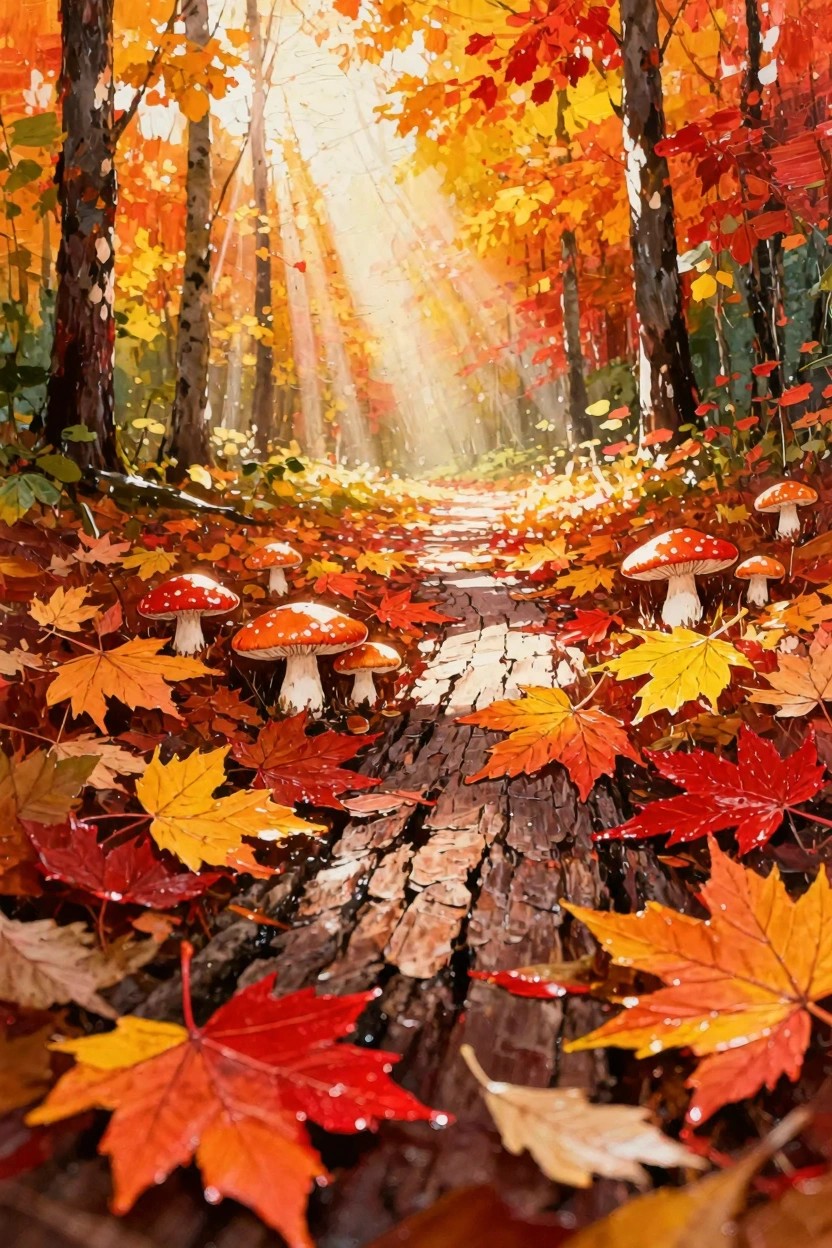 A detailed painting of a forest path covered in red and orange autumn leaves and white mushrooms, with golden sunlight rays filtering through orange trees.