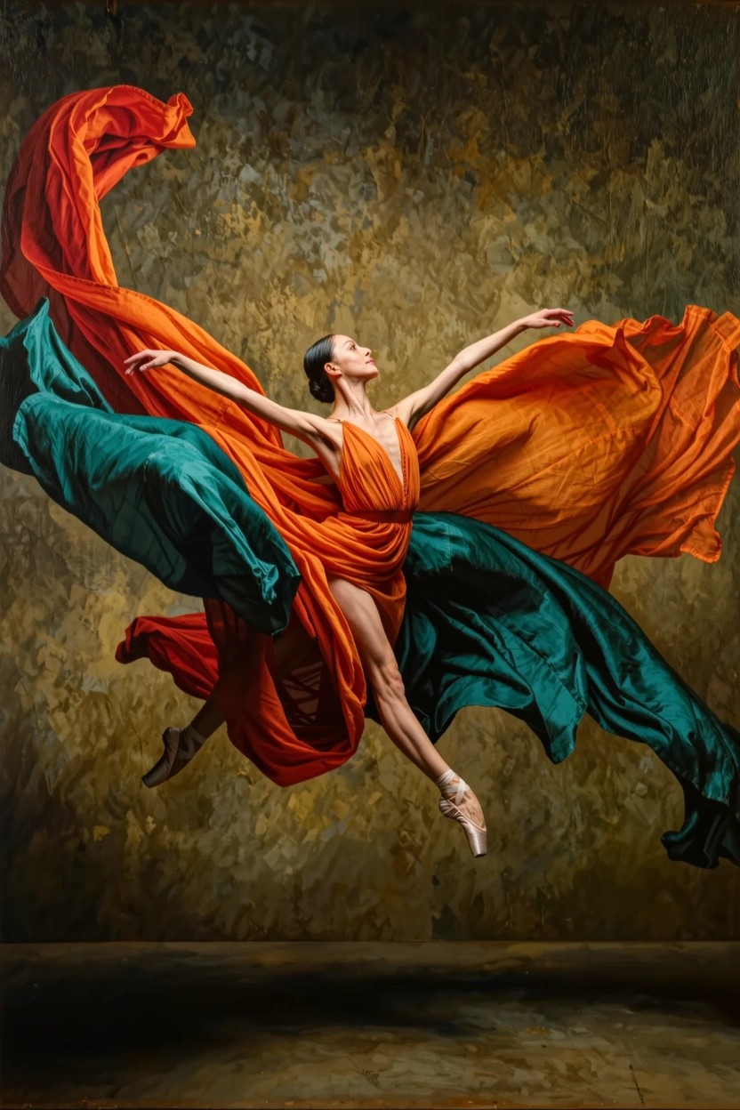 A ballerina mid-leap on pointe shoes with red, orange, and green flowing scarves against a textured warm background.