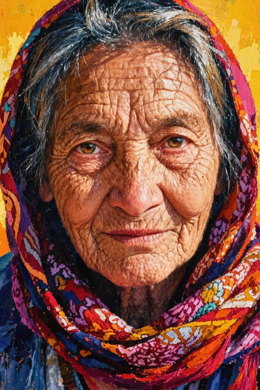 Close-up realistic portrait of an elderly woman with wrinkled skin, yellowed eyes, and a brightly patterned orange-pink-purple headscarf against an abstract orange background.